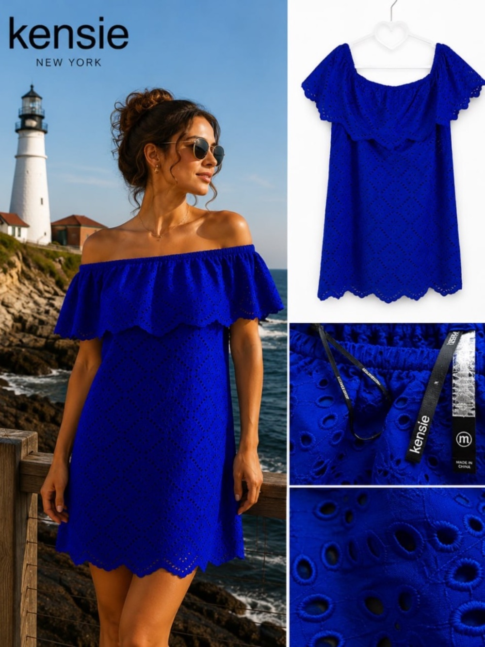Kensie Royal Blue Eyelet Cotton Mini Dress | On/Off Shoulder | Size M